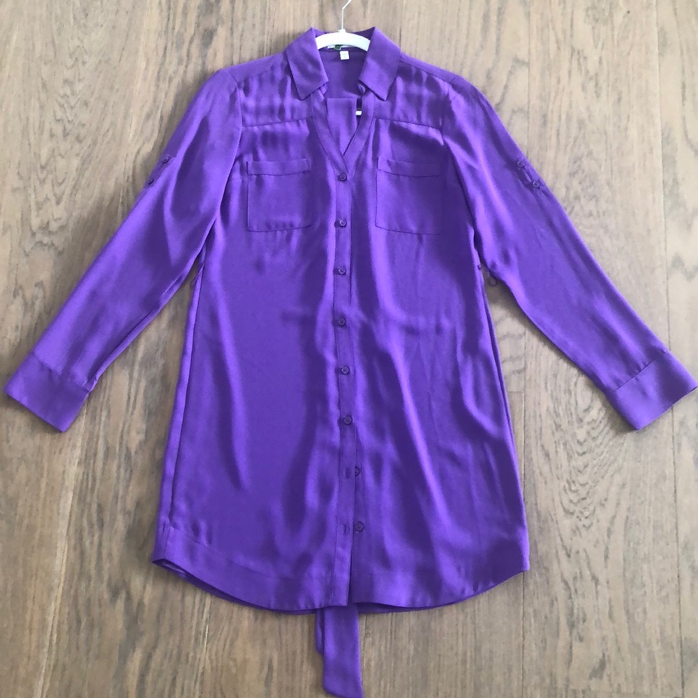 Express button front tie waist shirt dress